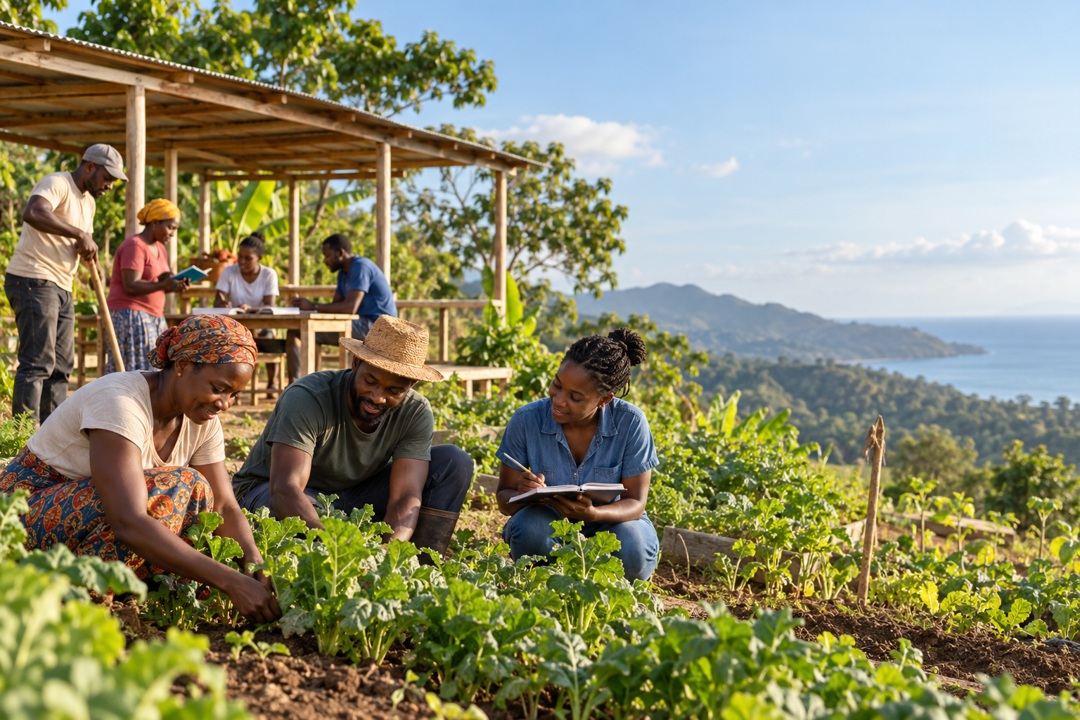Community members working together in a green agricultural landscape in Haiti